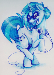 Size: 832x1152 | Tagged: safe, artist:wolberdan, dj pon-3, vinyl scratch, pony, unicorn, g4, dancing, female, happy, headphones, mare, monochrome, solo, traditional art