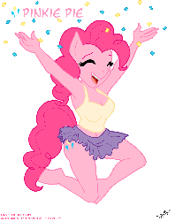 Size: 789x995 | Tagged: safe, artist:felonykat, pinkie pie, earth pony, anthro, unguligrade anthro, g4, armpits, belly button, clothes, curvy, eyes closed, female, gif, midriff, non-animated gif, simple background, skirt, solo, white background