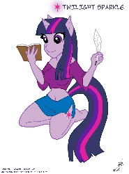 Size: 742x1002 | Tagged: safe, artist:felonykat, twilight sparkle, anthro, unguligrade anthro, g4, belly button, book, breasts, clothes, female, gif, kneeling, midriff, non-animated gif, quill, simple background, skirt, solo, white background