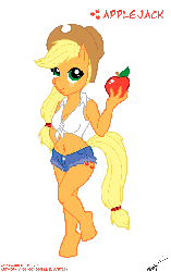 Size: 689x1094 | Tagged: safe, artist:felonykat, applejack, earth pony, anthro, unguligrade anthro, g4, belly button, breasts, busty applejack, female, gif, midriff, non-animated gif, simple background, solo