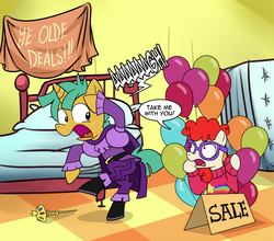 Size: 1134x1000 | Tagged: safe, artist:madmax, snails, twist, earth pony, pony, unicorn, g4, balloon, bed, clothes, colt, crossover, duo, female, filly, gravity falls, male, tourist trapped