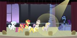 Size: 900x449 | Tagged: safe, artist:drakodarker, apple bloom, cotton cloudy, dinky hooves, scootaloo, sunny daze, sweetie belle, oc, oc:nyx, alicorn, earth pony, pegasus, pony, unicorn, fanfic:past sins, g4, alicorn oc, fanfic art, female, filly, play, spotlight, stage