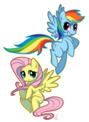 Size: 768x1048 | Tagged: safe, artist:vaporotem, fluttershy, rainbow dash, pegasus, pony, g4, cloud, cloudy, duo, duo female, female, flying, mare, outline, simple background, sky, smiling, transparent background