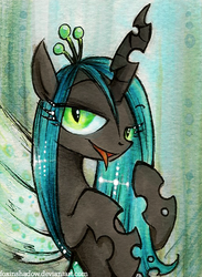 Size: 439x600 | Tagged: safe, artist:foxinshadow, queen chrysalis, changeling, changeling queen, g4, female, looking at you, open mouth, smiling, solo, tongue out