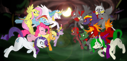 Size: 1280x614 | Tagged: dead source, safe, artist:lil miss jay, applejack, fluttershy, pinkie pie, princess celestia, rainbow dash, rarity, twilight sparkle, oc, oc:dissonance, oc:hamma, oc:lament, oc:princess schism, oc:sicklewing, oc:snake eyes, oc:time bomb, alicorn, earth pony, pegasus, pony, unicorn, g4, brutes, dicorns, elements of harmony, epic, female, fight, hemiwings, lens flare, mane six, mare, oc villain, omicorn