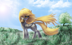 Size: 1680x1050 | Tagged: safe, artist:grissaecrim, artist:night-specter, derpy hooves, pegasus, pony, g4, beautiful, crepuscular rays, epic derpy, faic, female, food, hair over one eye, mare, meadow, mouth hold, muffin, solo, tree, windswept mane