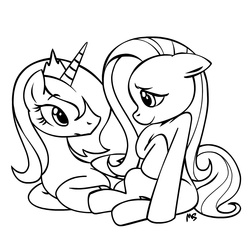 Size: 945x945 | Tagged: safe, artist:megasweet, fluttershy, princess luna, alicorn, pegasus, pony, g4, black and white, female, grayscale, lesbian, lineart, looking at each other, lying, mare, monochrome, prone, s1 luna, ship:lunashy, shipping, simple background, sitting, white background