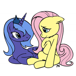 Size: 945x945 | Tagged: safe, artist:megasweet, fluttershy, princess luna, alicorn, pegasus, pony, g4, duo, duo female, female, looking at each other, mare, prone, s1 luna, simple background, sitting, white background