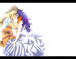 Size: 900x702 | Tagged: dead source, safe, artist:ao-no-comatose, applejack, rarity, human, g4, clothes, crying, dress, female, humanized, kissing, lesbian, ship:rarijack, shipping, simple background, white background