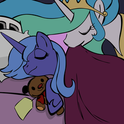 Size: 945x945 | Tagged: safe, artist:megasweet, artist:moongazeponies, princess celestia, princess luna, alicorn, pony, g4, bed, duo, eyes closed, female, mare, mouth hold, s1 luna, sisters, sleeping, teddy bear, tucking in