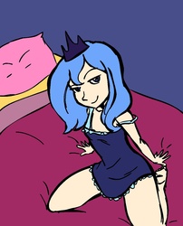 Size: 945x1170 | Tagged: safe, artist:megasweet, princess luna, human, g4, bed, breasts, female, humanized, s1 luna, small breasts, solo