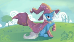 Size: 1280x725 | Tagged: safe, artist:don-ko, trixie, pony, unicorn, g4, cape, clothes, female, hat, lidded eyes, mare, raised hoof, sitting, socks, solo, trixie's cape, trixie's hat