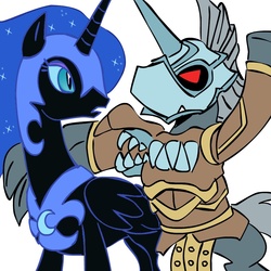 Size: 945x945 | Tagged: safe, artist:megasweet, nightmare moon, alicorn, pony, g4, crossover, duo, female, mare, nightmare, simple background, soul calibur, white background