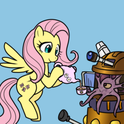 Size: 1000x1000 | Tagged: safe, artist:madmax, fluttershy, pegasus, pony, g4, artifact, blue background, colored, crossover, cute, daaaaaaaaaaaw, dalek, doctor who, duo, female, flying, food, kaled mutant, kettle, mare, shyabetes, simple background, tea