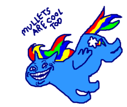 Size: 407x344 | Tagged: safe, artist:seniorpony, rainbow dash, pegasus, pony, g4, female, flying, mare, meme, ms paint, mullet, simple background, solo, stylistic suck, text, trollface, white background