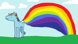 Size: 762x434 | Tagged: safe, artist:seniorpony, rainbow dash, pegasus, pony, g4, cloud, dot eyes, female, mare, ms paint, outdoors, rainbow trail, solo, stylistic suck, wingless