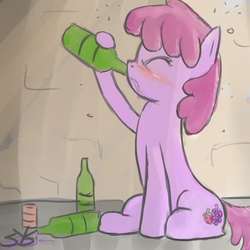 Size: 900x900 | Tagged: dead source, safe, artist:speccysy, berry punch, berryshine, earth pony, pony, g4, blushing, bottle, drinking, drunk, eyes closed, female, mare, sitting, solo