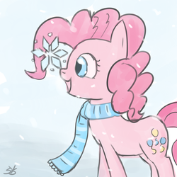 Size: 900x900 | Tagged: safe, artist:speccysy, pinkie pie, earth pony, pony, g4, clothes, female, happy, mare, profile, scarf, smiling, snow, snowfall, snowflake, solo