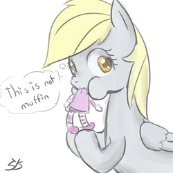 Size: 900x900 | Tagged: safe, artist:speccysy, derpy hooves, pegasus, pony, g4, doll, eating, female, mare, solo, thought bubble