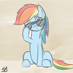 Size: 900x900 | Tagged: safe, artist:speccysy, rainbow dash, pegasus, pony, g4, abstract background, female, looking at you, mare, sitting, solo, sunglasses