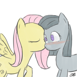 Size: 900x900 | Tagged: safe, artist:speccysy, fluttershy, marble pie, earth pony, pegasus, pony, g4, blushing, cheek kiss, female, kissing, lesbian, mare, ship:marbleshy, shipping, wide eyes