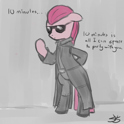 Size: 900x900 | Tagged: safe, artist:speccysy, pinkie pie, earth pony, pony, g4, albert wesker, bipedal, clothes, cosplay, costume, crossover, female, floppy ears, mare, pinkamena diane pie, resident evil, resident evil 5, solo, sunglasses