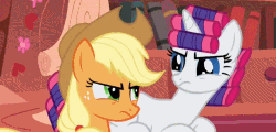 Size: 500x240 | Tagged: safe, screencap, applejack, rarity, earth pony, pony, unicorn, g4, look before you sleep, animated, female, gif, golden oaks library, hair curlers, looking at each other, mare, prone, tsundere, tsunderity, tsunjack