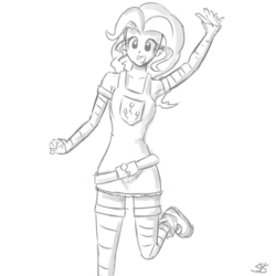 Size: 900x905 | Tagged: safe, artist:speccysy, pinkie pie, human, g4, armpits, clothes, female, humanized, monochrome, running, socks, solo, striped socks