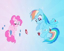 Size: 400x320 | Tagged: safe, screencap, pinkie pie, rainbow dash, earth pony, pegasus, pony, friendship is magic, g4, season 1, animated, duo, element of laughter, element of loyalty, elements of harmony, female, gif, mare