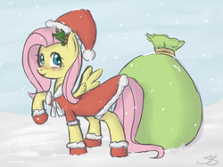 Size: 900x675 | Tagged: dead source, safe, artist:speccysy, fluttershy, pegasus, pony, g4, boots, christmas, clothes, costume, female, hat, holiday, holly, mare, raised hoof, sack, santa costume, santa hat, santa sack, snow, snowfall, solo