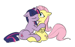 Size: 985x615 | Tagged: safe, artist:c0nker, fluttershy, twilight sparkle, pegasus, pony, unicorn, g4, blushing, duo, ears back, female, kiss on the lips, kissing, lesbian, mare, ship:twishy, shipping, simple background, sitting, unicorn twilight, white background, wide eyes