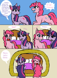 Size: 600x825 | Tagged: safe, artist:victoryatdawn, pinkie pie, twilight sparkle, earth pony, pony, unicorn, g4, comic, duo, duo female, female, mare, mirror, smiling