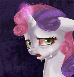 Size: 550x575 | Tagged: dead source, safe, artist:nyonhyon, sweetie belle, pony, unicorn, g4, abstract background, crying, female, filly, floppy ears, sad, solo