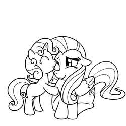 Size: 1000x1000 | Tagged: safe, artist:madmax, fluttershy, sweetie belle, pegasus, pony, unicorn, g4, behaving like a dog, bipedal, bipedal leaning, duo, duo female, female, filly, leaning, licking, mare, monochrome, prone
