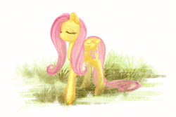 Size: 900x600 | Tagged: dead source, safe, artist:cosmicunicorn, fluttershy, pegasus, pony, g4, eyes closed, female, grass, mare, solo