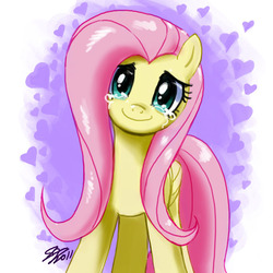 Size: 900x900 | Tagged: safe, artist:johnjoseco, fluttershy, pegasus, pony, g4, abstract background, crying, female, happy, head tilt, looking at you, mare, smiling, solo, tears of joy