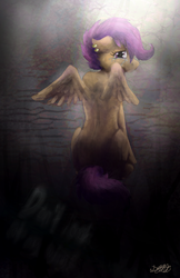 Size: 881x1362 | Tagged: safe, artist:malicieuxx, scootaloo, pegasus, pony, g4, abandoned, crying, ear piercing, earring, female, filly, floppy ears, helix piercing, jewelry, looking back, piercing, rear view, sad, scootalone, scootasad, sitting, solo