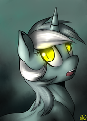 Size: 1300x1800 | Tagged: dead source, safe, artist:spittfireart, lyra heartstrings, pony, unicorn, g4, female, glowing eyes, gradient background, lyra's nightmare, mare, nightmare, slit pupils, solo