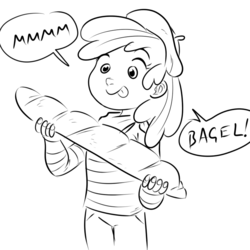 Size: 756x756 | Tagged: safe, artist:megasweet, apple bloom, human, g4, baguette, beret, bread, female, food, french, hat, humanized, monochrome, solo, tongue out