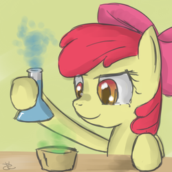 Size: 900x900 | Tagged: safe, artist:speccysy, apple bloom, earth pony, pony, g4, bow, chemistry, erlenmeyer flask, female, hair bow, mare, smiling, solo