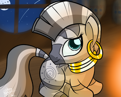 Size: 1280x1024 | Tagged: safe, artist:mister-markers, zecora, pony, zebra, g4, female, mare, moon, night, prone, shooting star, solo, window