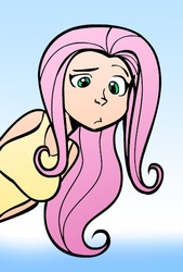 Size: 366x543 | Tagged: safe, artist:megasweet, fluttershy, human, g4, clothes, female, frown, gradient background, humanized, peeking, solo