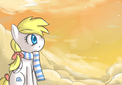 Size: 900x623 | Tagged: safe, artist:speccysy, oc, oc only, oc:cloudia, pegasus, pony, bow, clothes, cloud, cloudy, female, hair bow, lens flare, mare, on a cloud, scarf, sitting, sky, solo, tail bow