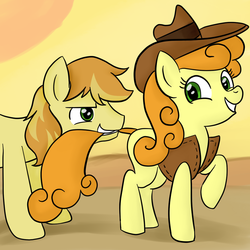 Size: 945x945 | Tagged: safe, artist:megasweet, artist:rustydooks, braeburn, carrot top, golden harvest, earth pony, pony, g4, abstract background, accessory swap, carrotburn, duo, female, male, mare, shipping, smiling, stallion, straight, tail, tail pull