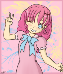 Size: 599x711 | Tagged: safe, artist:speccysy, pinkie pie, human, g4, abstract background, clothes, dress, female, grin, humanized, one eye closed, smiling, solo, young
