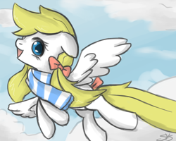 Size: 1000x800 | Tagged: safe, artist:speccysy, oc, oc only, oc:cloudia, pegasus, pony, bow, clothes, cloud, cloudy, female, floppy ears, flying, hair bow, looking back, mare, open mouth, scarf, sky, smiling, solo, spread wings, striped scarf, tail, tail bow, wings