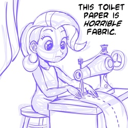 Size: 945x945 | Tagged: safe, artist:megasweet, rarity, human, g4, female, humanized, monochrome, sewing machine, sitting, sketch, solo, toilet paper, young