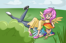 Size: 815x536 | Tagged: safe, artist:shiro-karasu, fluttershy, rainbow dash, human, g4, blushing, clothes, dress, female, humanized, prone, winged humanization, wings