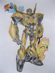 Size: 774x1032 | Tagged: safe, applejack, rainbow dash, earth pony, pegasus, pony, g4, bumblebee (transformers), crossover, female, mare, traditional art, transformers