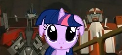 Size: 1278x580 | Tagged: safe, twilight sparkle, pony, unicorn, g4, :o, crossover, cute, dilated pupils, female, floppy ears, mare, open mouth, optimus prime, ratchet, shiny eyes, transformers, twiabetes, unicorn twilight